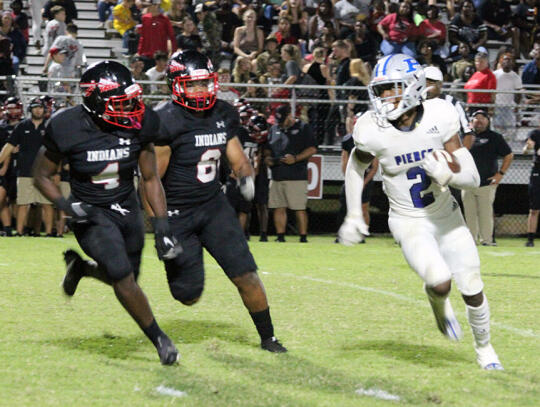 <p>Bear running back JaQuez White runs past two Charlton County defenders Friday night.</p>