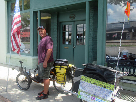 <p>William Galloway stopped in Blackshear last week. Galloway travels across America by bicycle, hoping to bring awareness to traumatic brain injuries.</p>