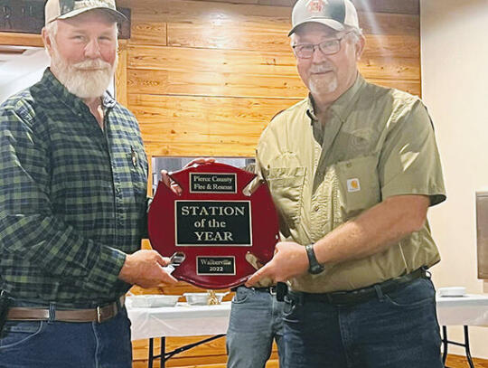 <p>Fire Station of the year went to the Walkerville Fire District. Accepting the award are Chief Kyle Moore and Assistant Chief Kevin Moore.</p>