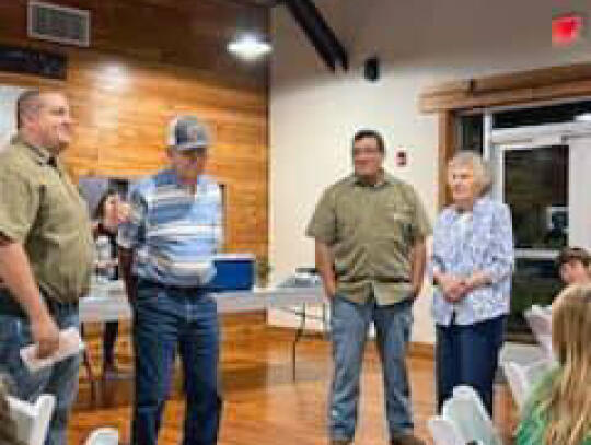 <p>Long-time Otter Creek station volunteer Earl Thrift was recognized for his service and dedication. Thrift is 85 years old. Shown are Operations Captain Wesley Howard (l-r), Thrift, County Fire Chief Santo Niño and Thrift’s wife, Beatrice Thrift.</p>