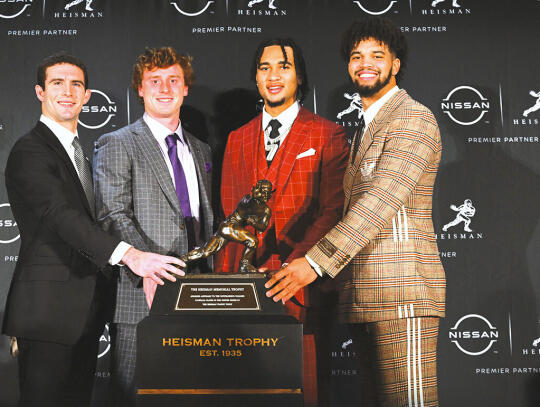 <p>Former Bear and current Georgia Bulldog Stetson Bennett IV, pictured left, attended the 2022 Heisman trophy ceremony last Saturday night. Bennett is shown with the other three finalists, l-r, Max Duggan of TCU, Caleb Williams of USC and C.J. Stroud of Ohio State.</p>