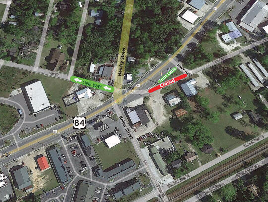 <p>This Georgia Department of Transportation (GDOT) map shows improvements and re-alignment at the U.S. Highway 84 and Hendry and Keller Streets intersection in Blackshear — commonly known as Five Points. The improvements were completed recently.</p>