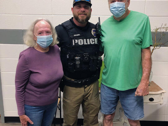 Linda Simmons (left) and Donnie Simmons (right) are shown with Blackshear Police Officer Jason Ragsdale. The Simmons’ had the opportunity to personally thank Ragsdale for saving Mr. Simmons’ life.