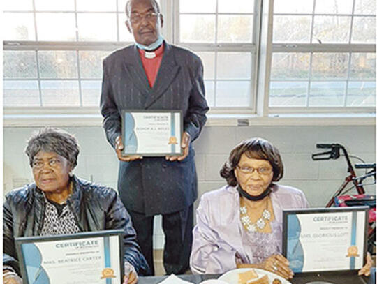 Beatrice Carter, Bishop A. J. Myles and Glorious Lott. Not present were Mary Robertson, Pearl Jinks and Carene Greene.