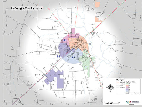 State lawmakers are reviewing a bill to reduce the City of Blackshear from six to five districts. Shown here is a map of the new district layouts. What was formerly district five will be absorbed by the surrounding areas.