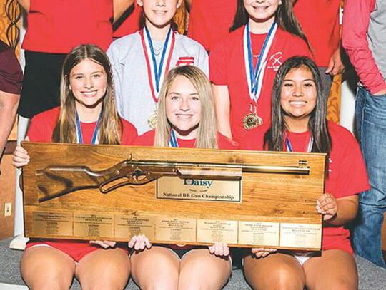 The Daisy Nationals BB Gun National Champions are Pierce Red from Blackshear. Team members are (not in order) Greyson Christmas, Jeffrey Hall, Lilah Hall, Gabby Herrin, Laney Herrin, Riley Martinez, Nicole Simpson, David Turner and Devan Turner. Pierce Red is coached by David Turner. Photo...